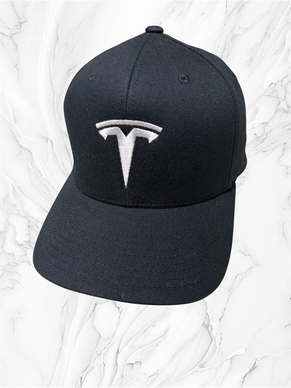 Tesla Flexfit S-M Black Baseball Cap with White Logo